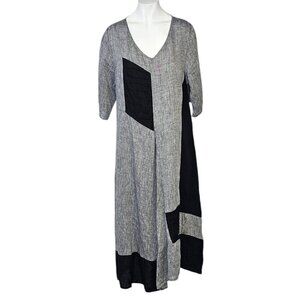 ZELE Lagenlook 100% Linen Dress Size Medium V-Neck Whimsy Pockets